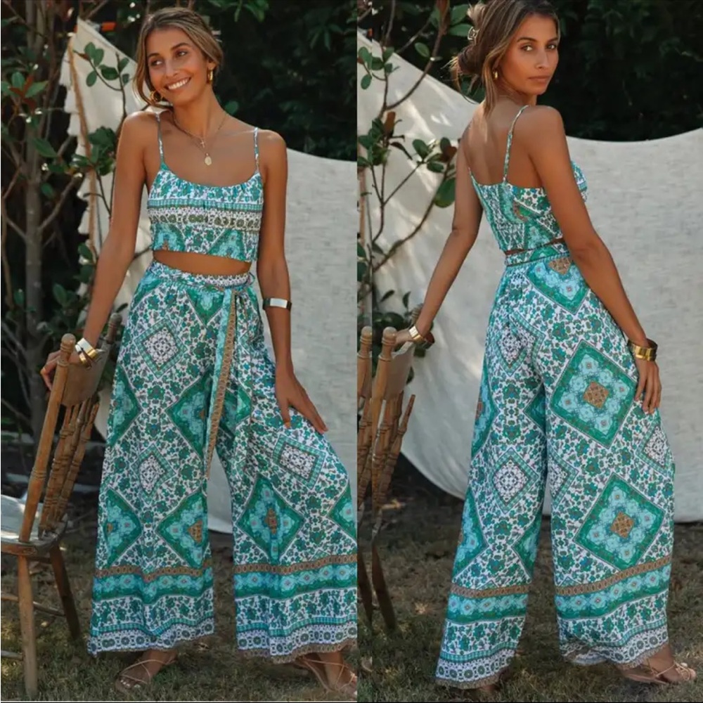 NEW! Boho Floral Gypsy Crop Top & Wide Leg Pant Set